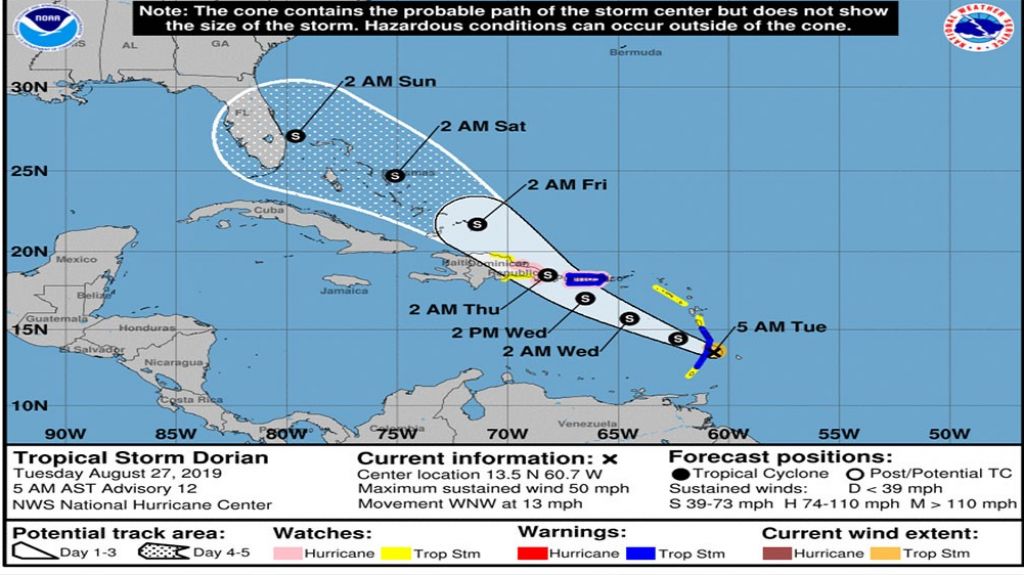  Puerto Rico bajo aviso de tormenta tropical y vigilancia de huracán por Dorian 