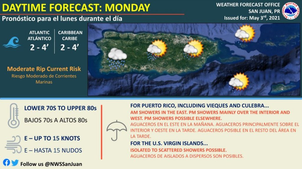  Se esperan aguaceros en el este, interior y suroeste de Puerto Rico para este lunes, 3 de mayo de 2021 