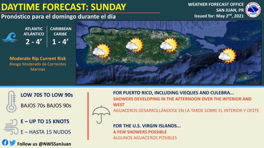  Se esperan aguaceros sobre el interior y oeste de Puerto Rico para este domingo, 2 de mayo de 2021 
